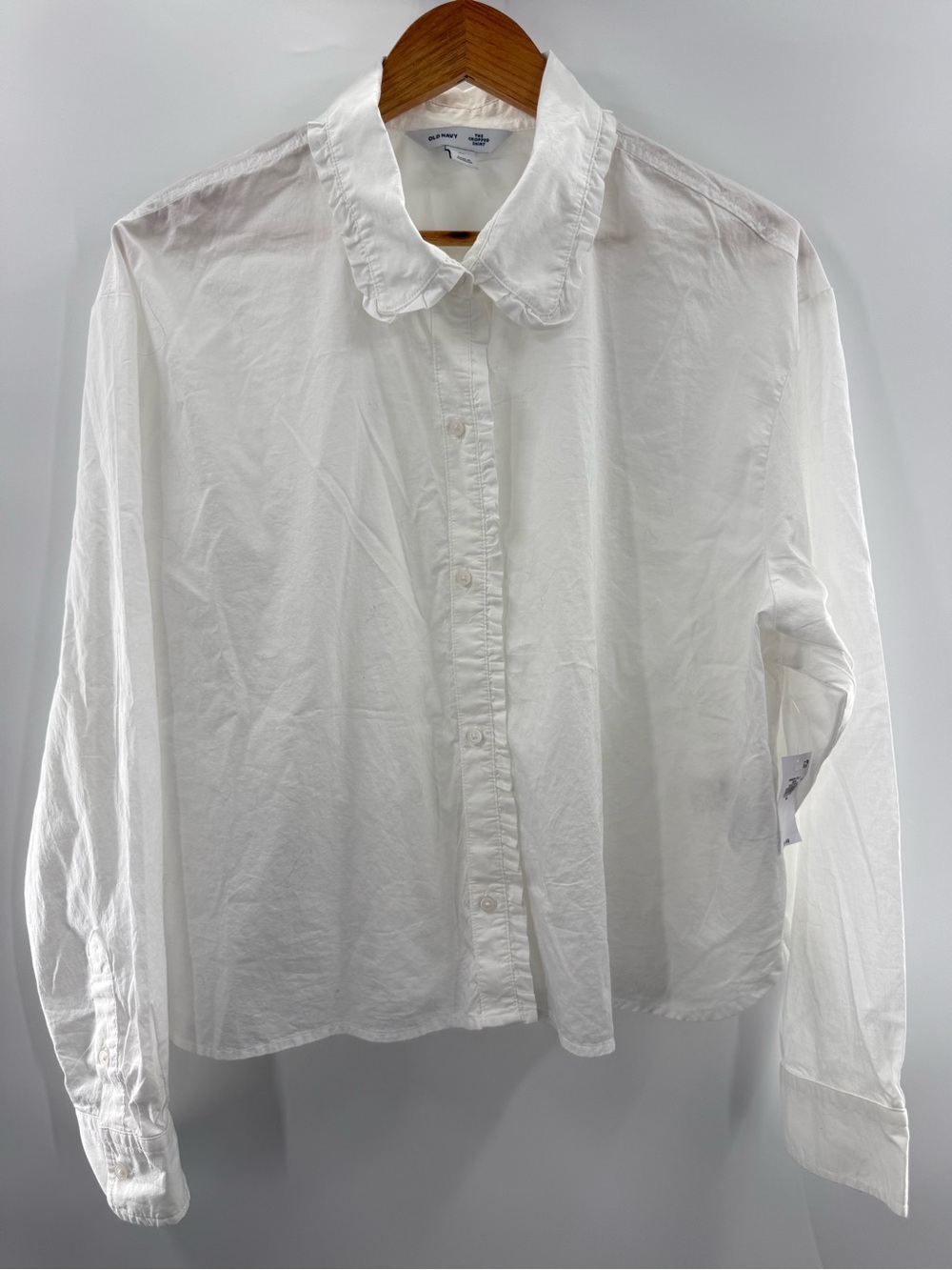 NWT Old Navy Cropped Boxy White Ruffle Button Down Office Meanswear Shirt XL - Picture 2 of 12